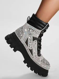 Bottines à strass noires pour femmes Bottines en cuir PU à bout rond et talon épais