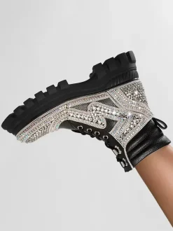 Bottines à strass noires pour femmes Bottines en cuir PU à bout rond et talon épais