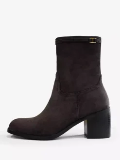 Bottines à talon épais et bout rond en daim marron foncé pour femmes