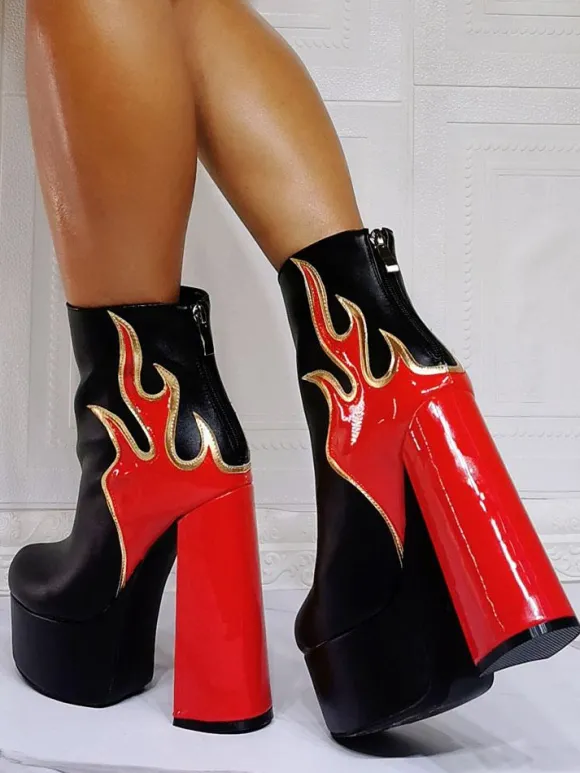 Bottines à Talons Hauts avec Plateforme Femme avec Bout Rond en Cuir Synthétique Bicolores