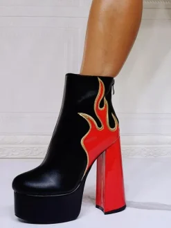 Bottines à Talons Hauts avec Plateforme Femme avec Bout Rond en Cuir Synthétique Bicolores