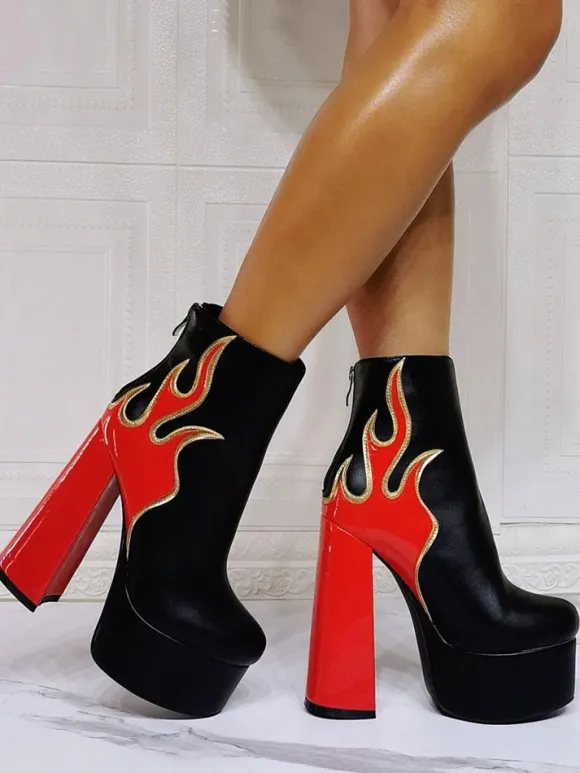 Bottines à Talons Hauts avec Plateforme Femme avec Bout Rond en Cuir Synthétique Bicolores