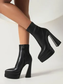 Bottines à Talons Hauts avec Plateforme Femme avec Bout Pointu Unicolore