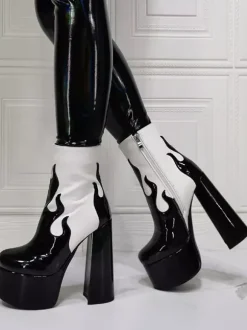 Bottines à Talons Hauts avec Plateforme Femme avec Bout Rond en Cuir Synthétique Bicolores
