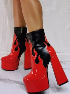 Bottines à Talons Hauts avec Plateforme Femme avec Bout Rond en Cuir Synthétique Bicolores