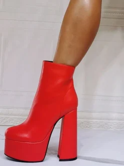Bottines à Talons Hauts avec Plateforme Femme avec Bout Rond en Cuir Synthétique Unicolore