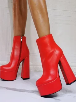 Bottines à Talons Hauts avec Plateforme Femme avec Bout Rond en Cuir Synthétique Unicolore