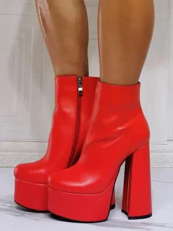 Bottines à Talons Hauts avec Plateforme Femme avec Bout Rond en Cuir Synthétique Unicolore