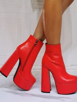 Bottines à Talons Hauts avec Plateforme Femme avec Bout Rond en Cuir Synthétique Unicolore