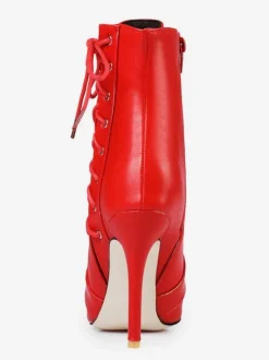 Bottines à talons hauts Bottines rouges à bout pointu Bottines à lacets en cuir brillant pour femmes