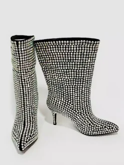 Bottines à talons hauts et strass noirs bout rond talon aiguille bottines de fête