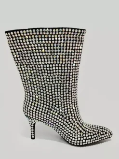 Bottines à talons hauts et strass noirs bout rond talon aiguille bottines de fête