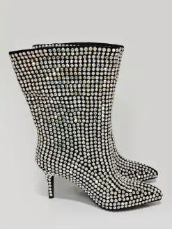 Bottines à talons hauts et strass noirs bout rond talon aiguille bottines de fête