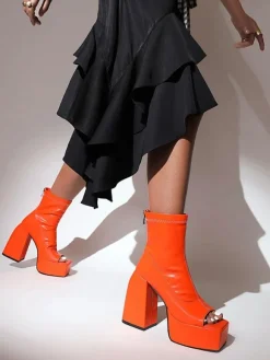Bottines à Talons Hauts Femme en Cuir Synthétique avec Bout Ouvert Unicolore
