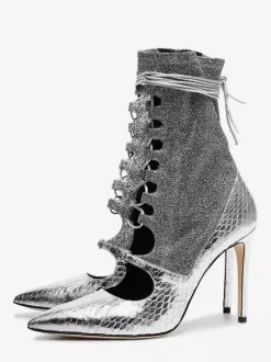 Bottines argentées à bout pointu et lacets pour femme bottines de soirée à talons hauts