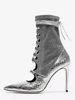 Bottines argentées à bout pointu et lacets pour femme bottines de soirée à talons hauts