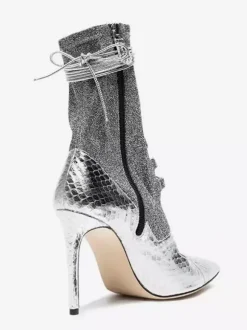 Bottines argentées à bout pointu et lacets pour femme bottines de soirée à talons hauts