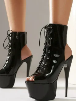 Bottines argentées à talons hauts plateforme bout ouvert bride arrière lacets