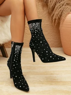 Bottines Chaussures Femmes Strass Daim Cuir Bout Pointu Talon Aiguille