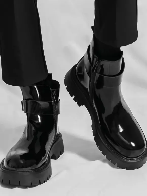Bottines Chelsea à plateforme pour homme en cuir brillant semelle épaisse et élastique