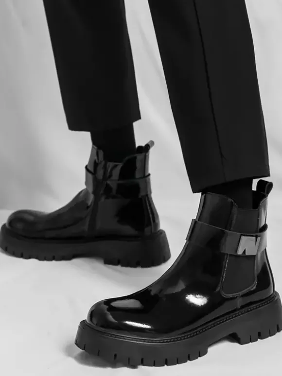 Bottines Chelsea à plateforme pour homme en cuir brillant semelle épaisse et élastique