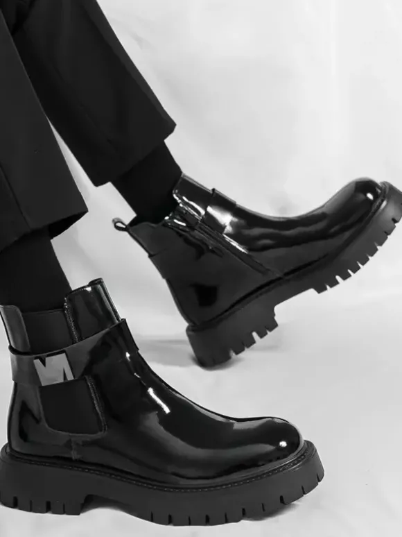 Bottines Chelsea à plateforme pour homme en cuir brillant semelle épaisse et élastique