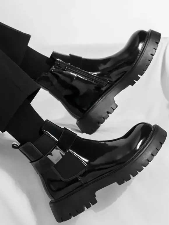 Bottines Chelsea à plateforme pour homme en cuir brillant semelle épaisse et élastique