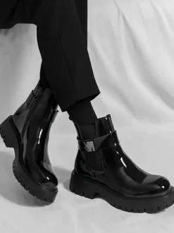 Bottines Chelsea à plateforme pour homme en cuir brillant semelle épaisse et élastique