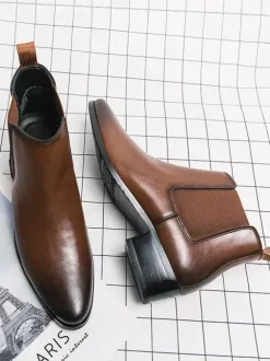 Bottines Chelsea courtes pour hommes bout pointu bruni en cuir avec bande élastique à enfiler antidérapantes imperméables décontractées