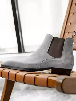 Bottines Chelsea en daim gris pour hommes Bottines à bout rond en cuir