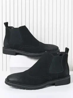 Bottines Chelsea pour homme à enfiler bout rond en cuir antidérapantes à talons bas respirantes