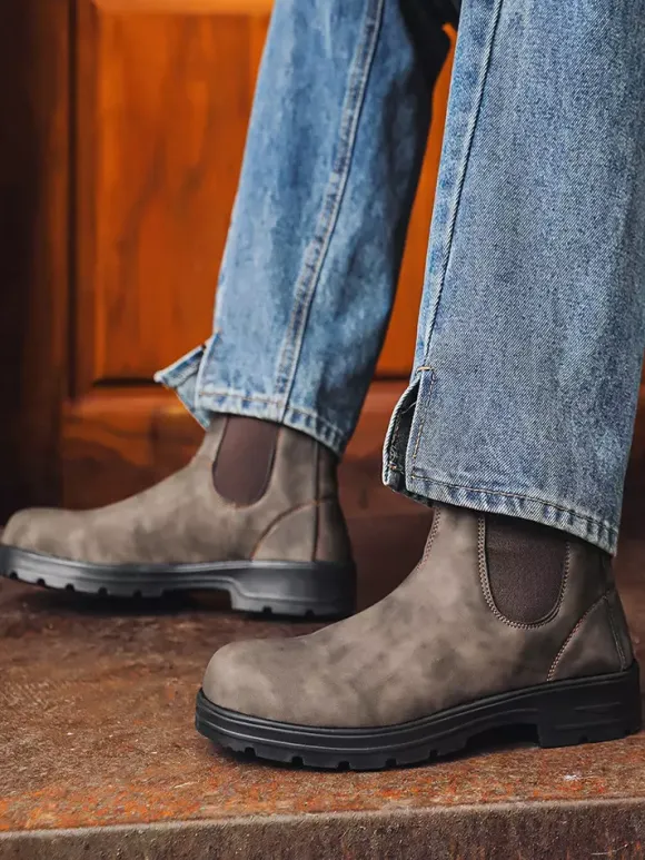 Bottines Chelsea pour homme à talon bas semelle antidérapante bout rond en cuir.