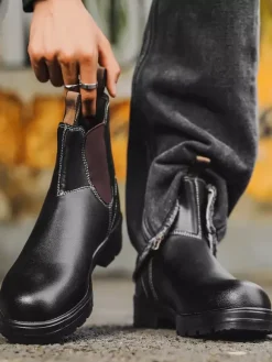 Bottines Chelsea pour homme à talon bas semelle antidérapante bout rond en cuir.