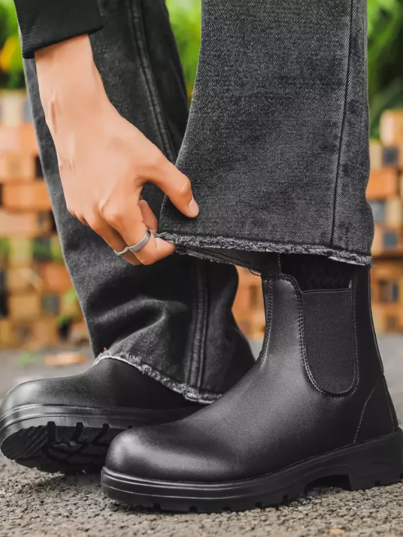 Bottines Chelsea pour homme à talon bas semelle antidérapante bout rond en cuir.