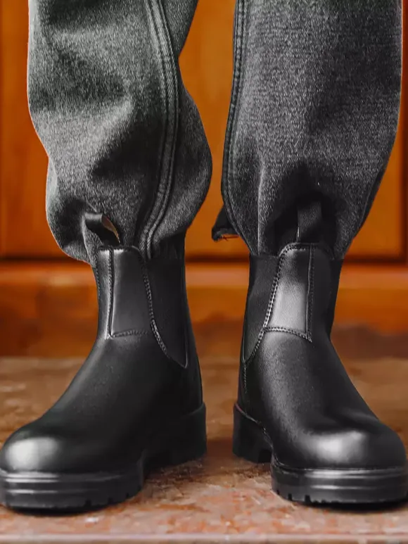 Bottines Chelsea pour homme à talon bas semelle antidérapante bout rond en cuir.