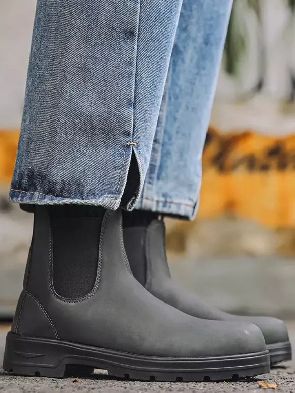 Bottines Chelsea pour homme à talon bas semelle antidérapante bout rond en cuir.