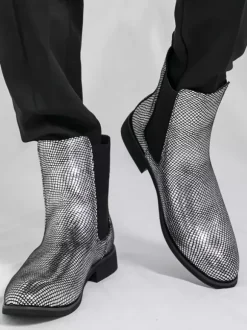 Bottines Chelsea pour homme à bout pointu en cuir brillant imprimé python avec talon bas