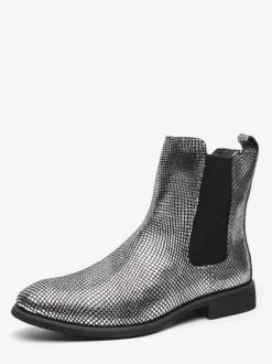 Bottines Chelsea pour homme à bout pointu en cuir brillant imprimé python avec talon bas