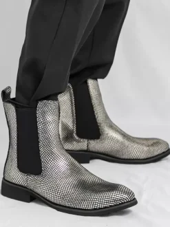 Bottines Chelsea pour homme à bout pointu en cuir brillant imprimé python avec talon bas