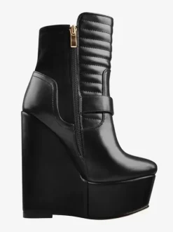 Bottines Compensées Noires À Boucle À Talon Épais Femmes
