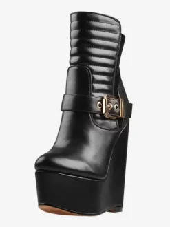 Bottines Compensées Noires À Boucle À Talon Épais Femmes