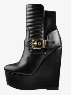 Bottines Compensées Noires À Boucle À Talon Épais Femmes