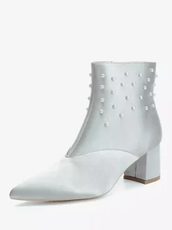 Bottines de mariage en satin à bout pointu et talons épais avec perles