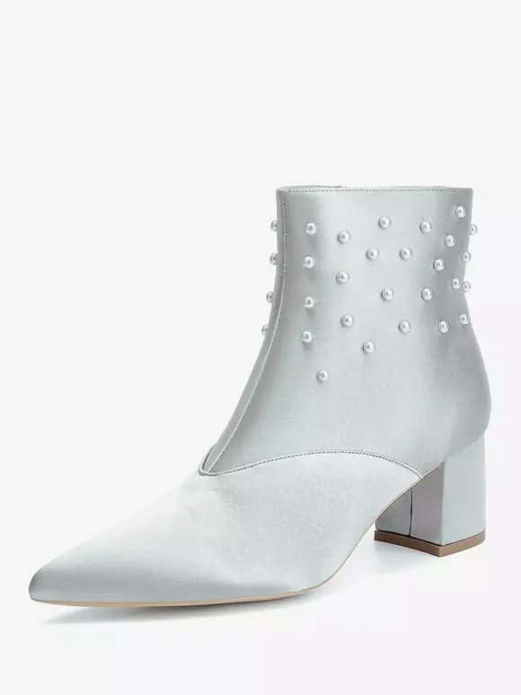 Bottines de mariage en satin à bout pointu et talons épais avec perles