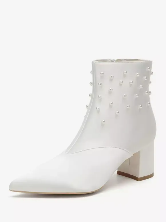 Bottines de mariage en satin à bout pointu et talons épais avec perles