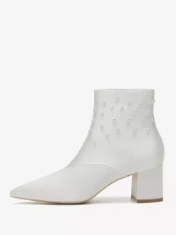 Bottines de mariage en satin à bout pointu et talons épais avec perles