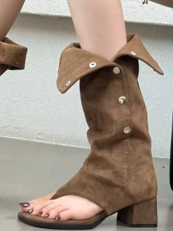 Bottines Détails métalliques pour femmes Talon épais Sandales de gladiateur Bottes d'été Polyester En