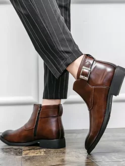Bottines en cuir pour homme bout pointu boucle réglable fermeture éclair intérieure bottes d'affaires