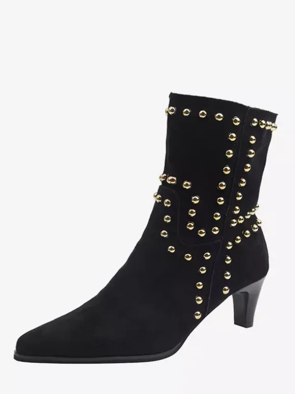 Bottines en daim pour femmes bout pointu cloutées talon épais