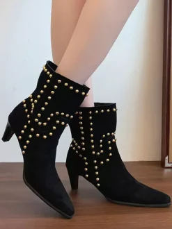 Bottines en daim pour femmes bout pointu cloutées talon épais